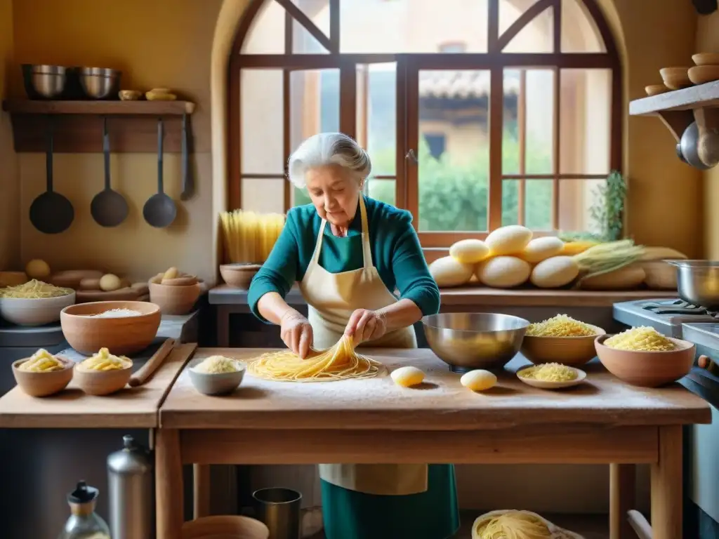 Nonna italiana experta en pasta tradicional rodeada de utensilios vintage y ingredientes frescos