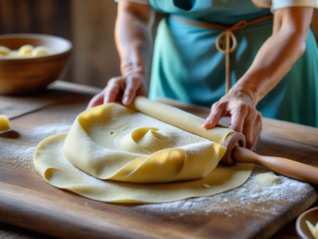 Una nonna italiana experta amasando pasta fresca en Bolonia