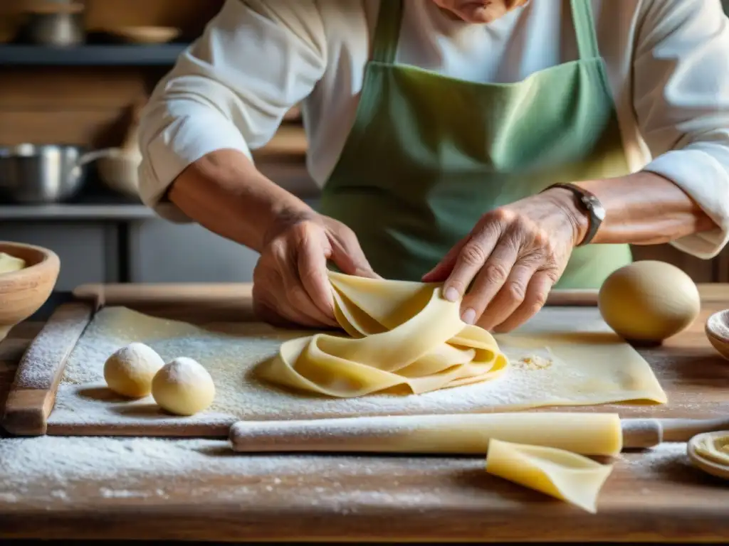 Una nonna italiana experta amasando pasta fresca en una cocina rústica