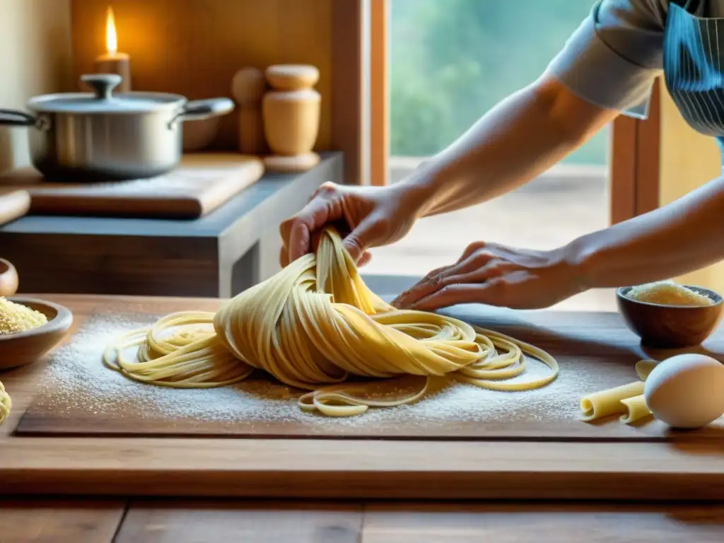 Nonna italiana experta en pasta fresca cocina italiana, amasando con gracia en mesa de madera rústica