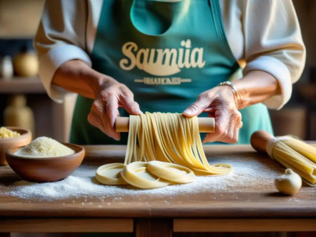 Nonna italiana experta amasando pasta fresca en mesa de madera, tradición culinaria en Italia