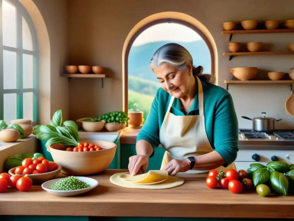 Una nonna italiana experta haciendo pasta fresca en una cocina rústica con sabores auténticos de la cocina italiana regional