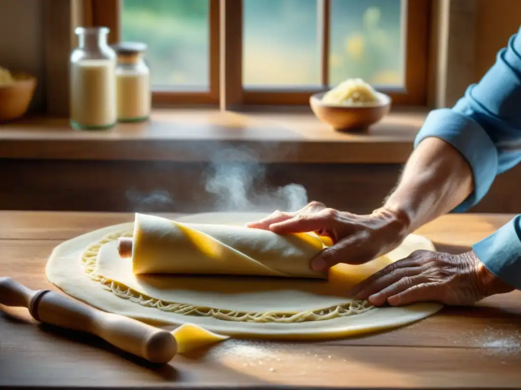 Una nonna italiana experta, amasando pasta casera en una mesa rústica bajo cálida luz natural