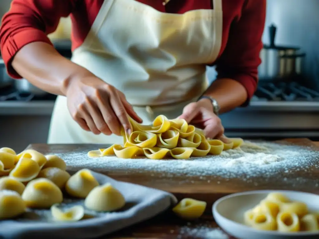 Nonna italiana experta en pastas rellenas norte Italia creando tortellini a mano en cocina rústica