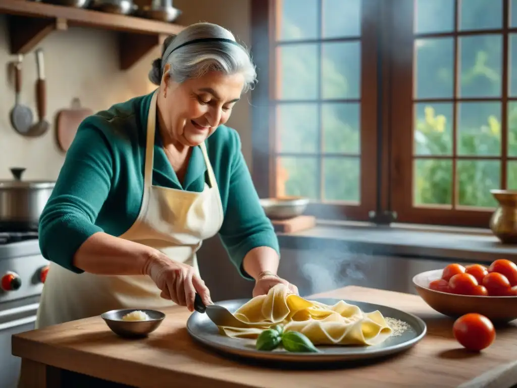 Nonna italiana experta en conservación raviolis pasta fresca en cocina rústica