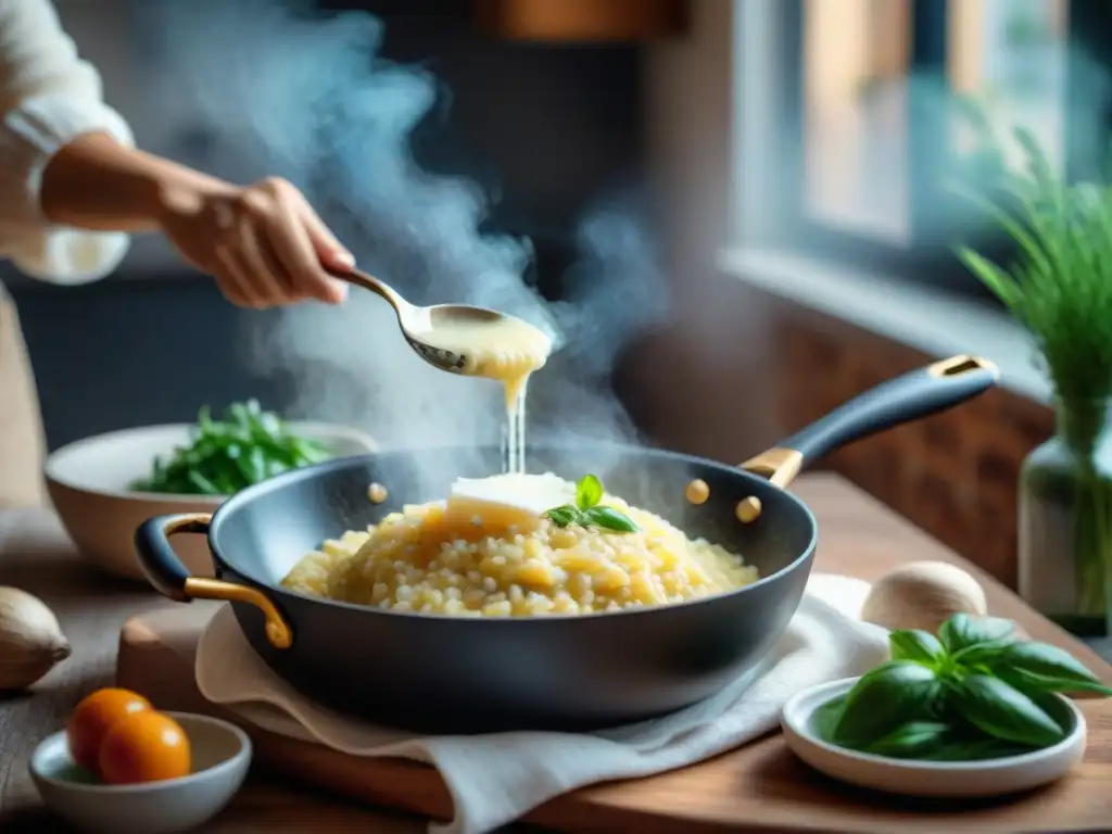 Una nonna italiana experta preparando una receta auténtica risotto italiano en una cocina acogedora