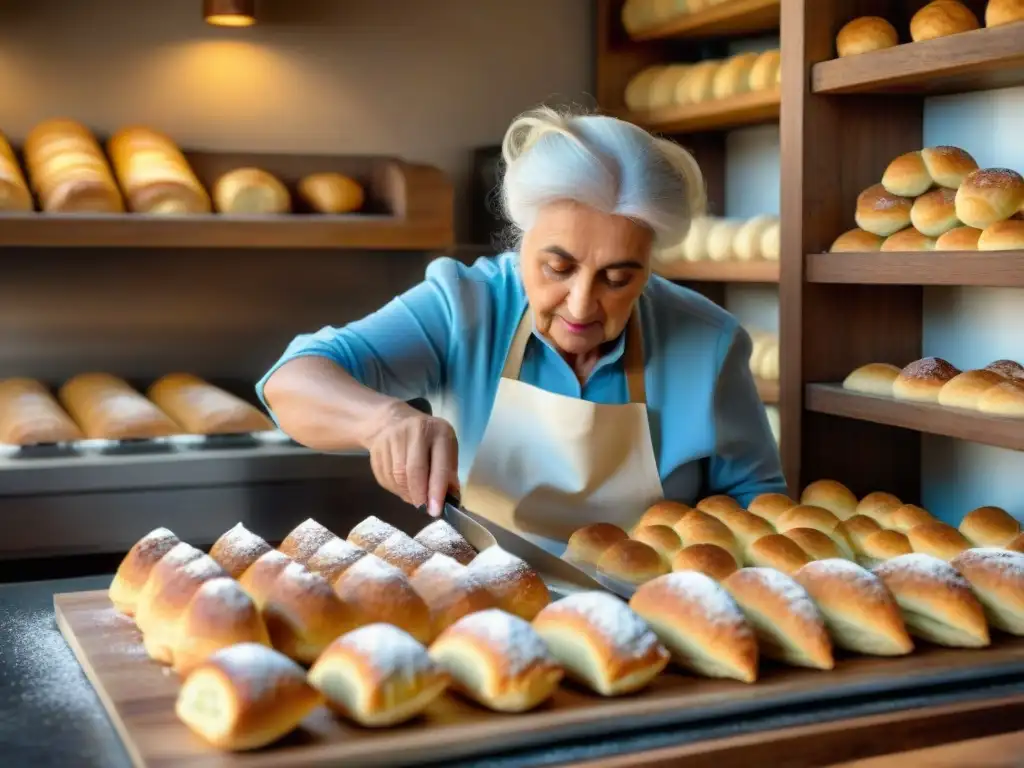 Una nonna italiana experta en repostería tradicional del sur de Italia elaborando sfogliatella y cannoli en una panadería rústica