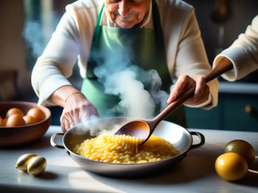 Una nonna italiana experta removiendo un risotto dorado en una cocina acogedora