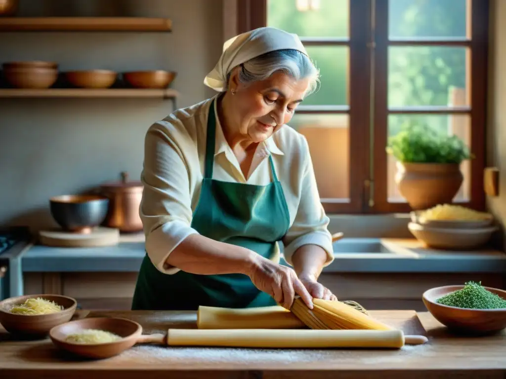 Nonna italiana experta en técnicas de cocina italiana tradicionales preparando pasta casera en una cocina rústica