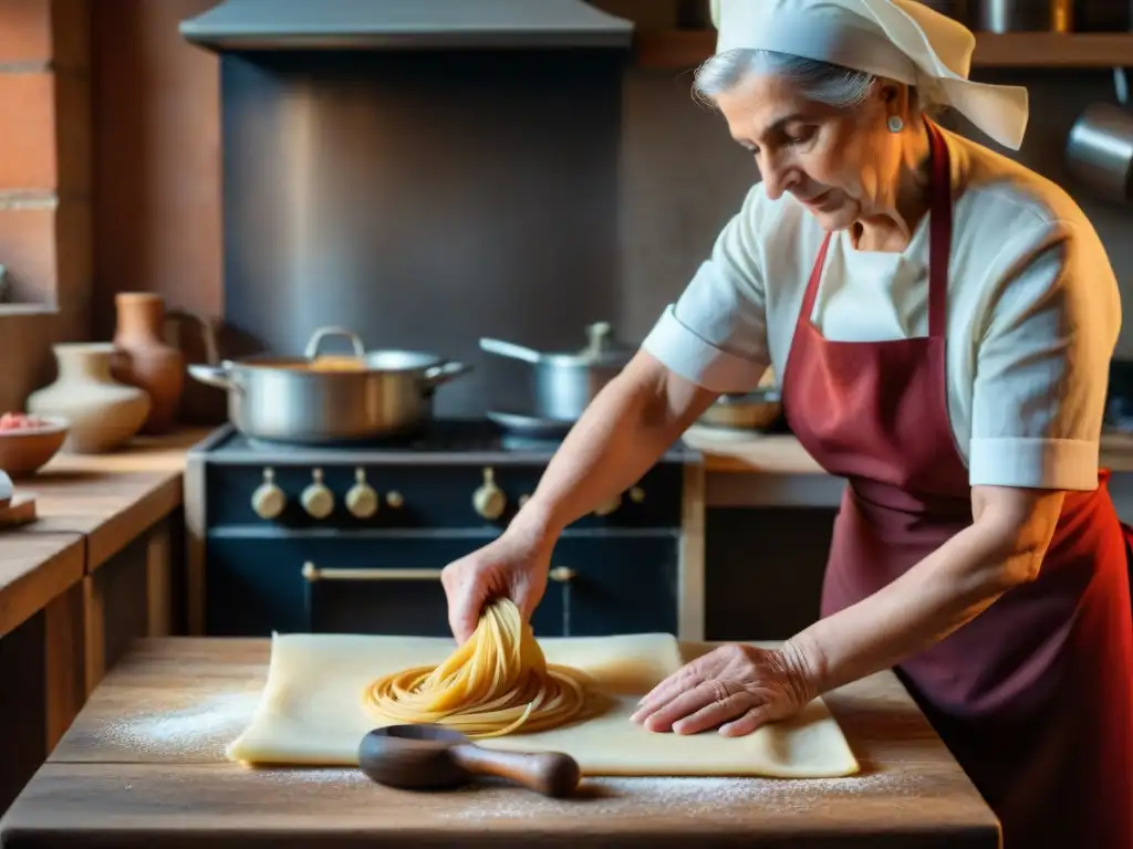 Una nonna italiana experta en técnicas de cocina tradicionales, amasa pasta en una cocina rústica iluminada tenue