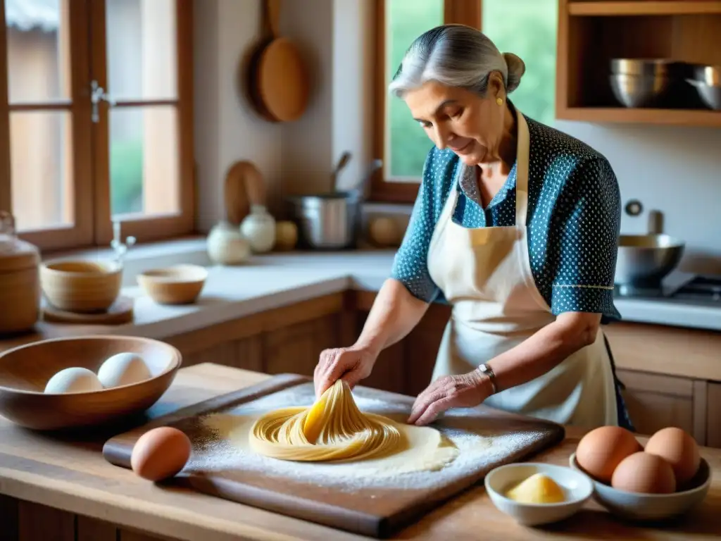 Una nonna italiana experta en técnicas culinarias tradicionales revistas, haciendo pasta casera con pasión en su cocina acogedora