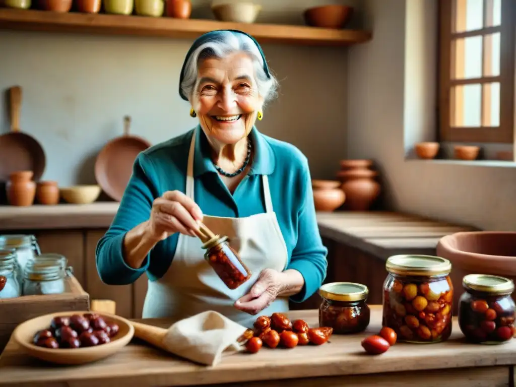 Nonna italiana experta en técnicas tradicionales de conservación de alimentos preparando tomates secos, alcachofas y aceitunas en cocina rústica