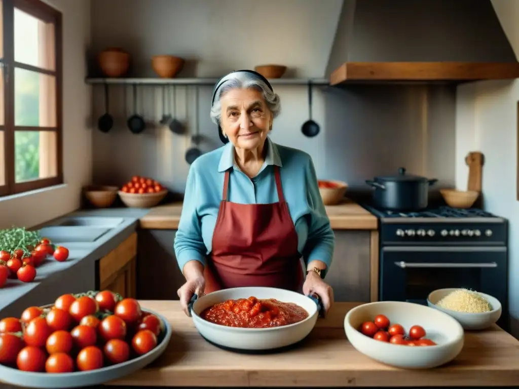 Nonna italiana experta en conservación salsa de tomate, cocinando en cocina rústica con tomates maduros en ambiente tradicional y acogedor