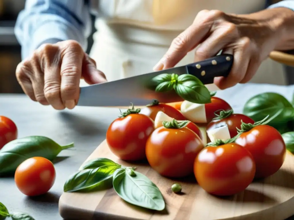 Una nonna italiana experta cortando tomate para la receta auténtica Insalata Caprese