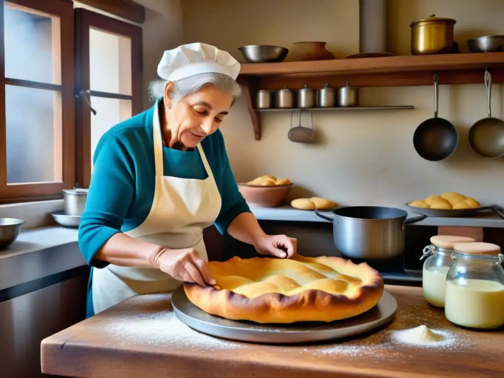 Una nonna italiana experta preparando Torta Fritta en Parma, transmitiendo tradición y amor en su cocina rústica