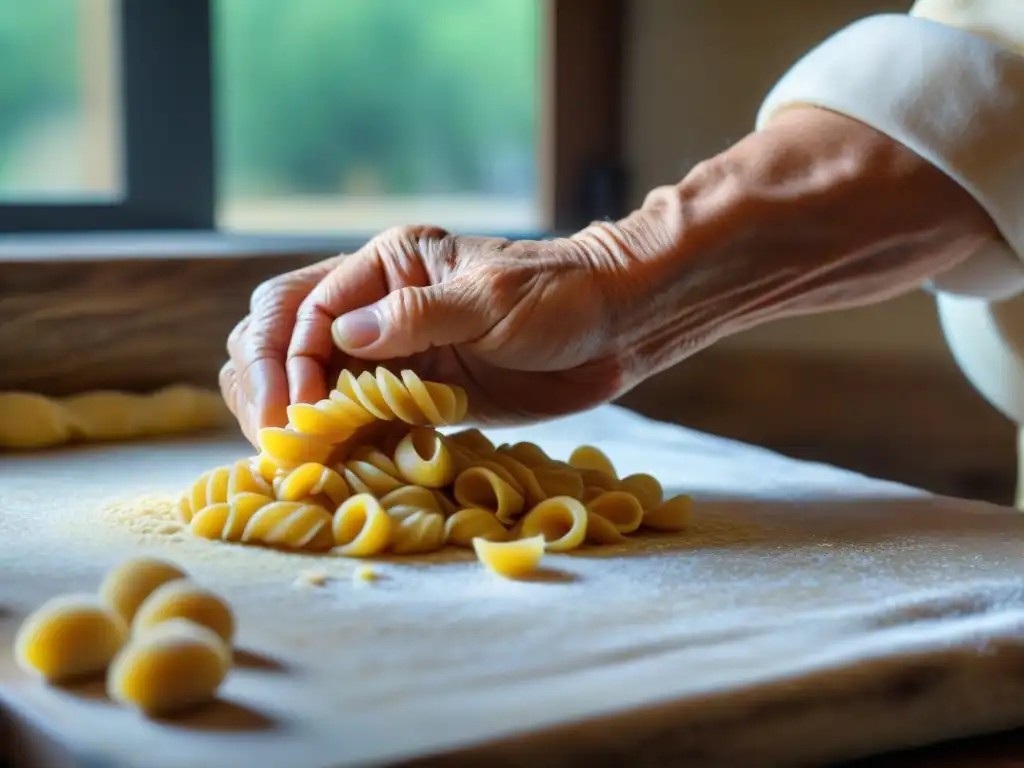 Una nonna italiana moldea gnocchi en una cocina campesina, con manos expertas y luz suave destacando cada detalle, platos rústicos