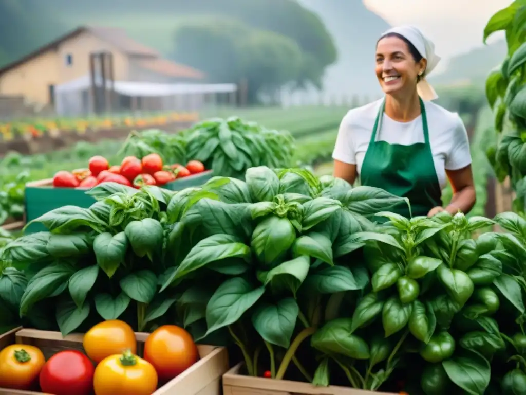 Una nonna italiana cultivando ingredientes frescos en un jardín urbano vibrante al atardecer