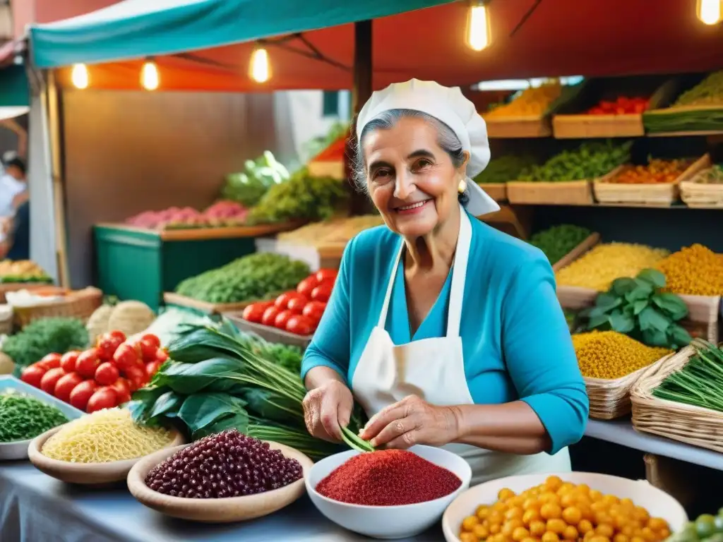 Una nonna italiana seleccionando ingredientes frescos en un bullicioso mercado de Nápoles