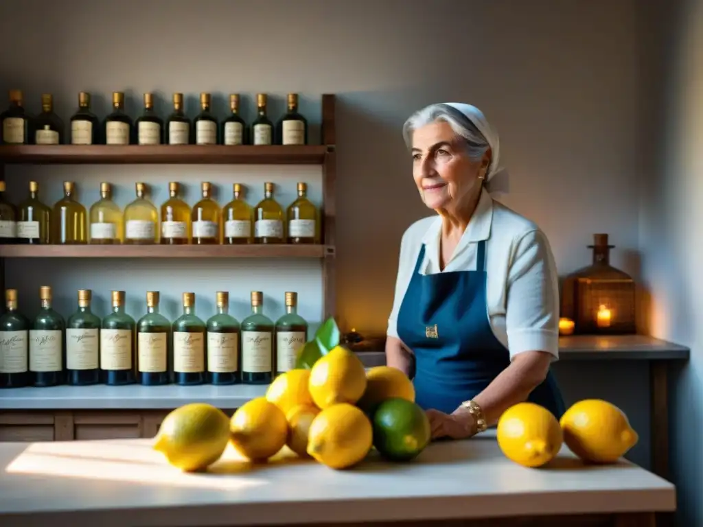 Nonna italiana zesteando limones amarillos en receta casera limoncello tradicional en la costa de Amalfi