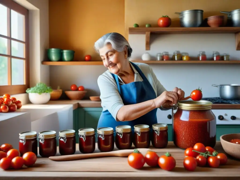 Una nonna italiana llena con maestría frascos de salsa de tomate casera en una cocina rústica