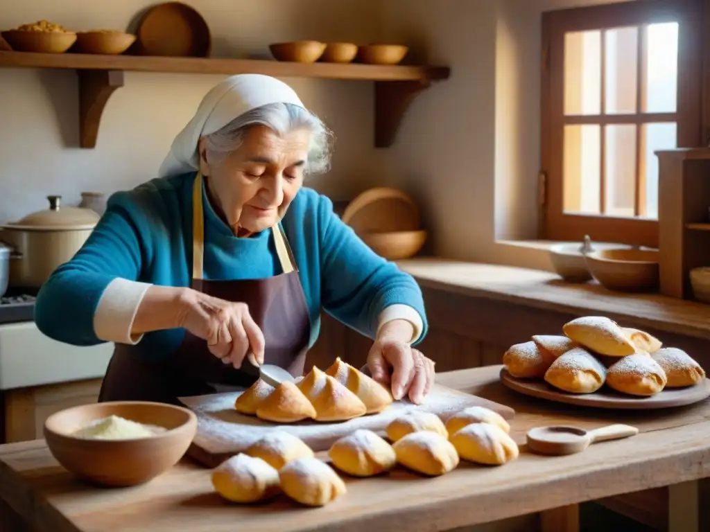 Nonna italiana moldeando cannoli a mano en cocina rústica llena de ingredientes tradicionales, evocando recetas dulces tradicionales italianas