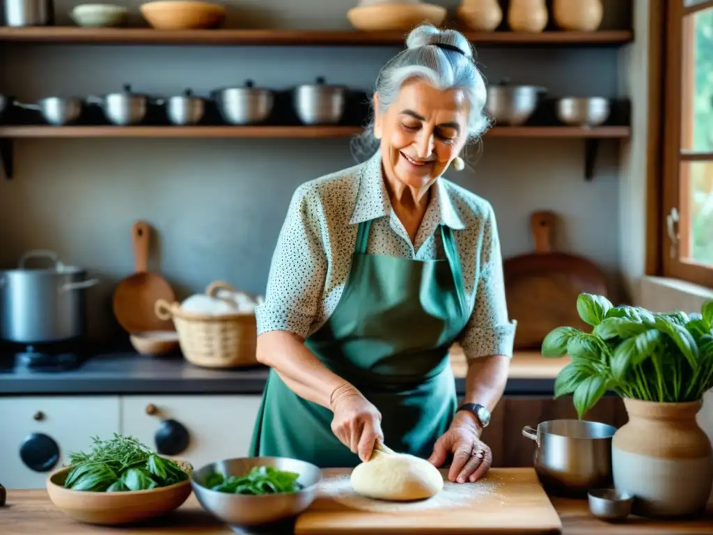 Nonna italiana amasando masa en cocina rústica con hierbas secas y utensilios vintage