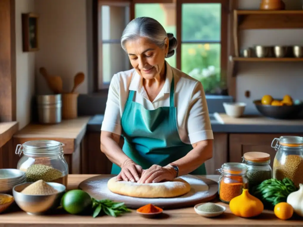 Una nonna italiana amasando masa en una cocina rústica llena de especias y productos frescos