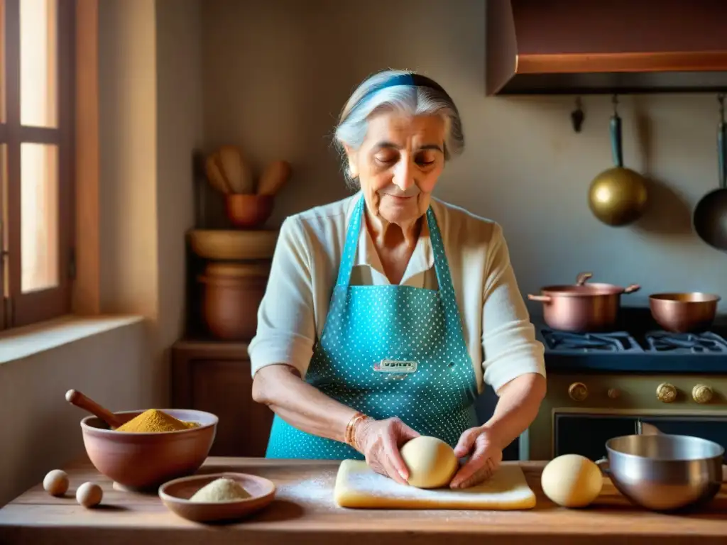 Una nonna italiana amasando masa en su cocina antigua