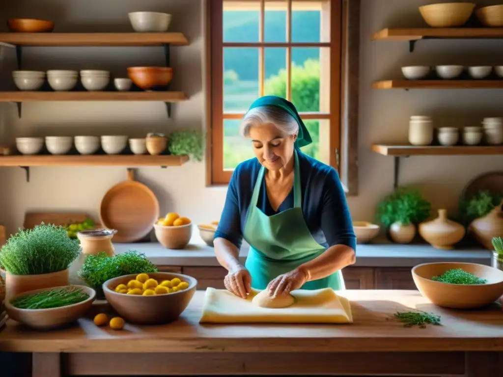 Una nonna italiana amasando masa en una cocina rústica con hierbas frescas, aceite de oliva y vegetales, capturando la esencia de la cocina italiana tradicional y moderna