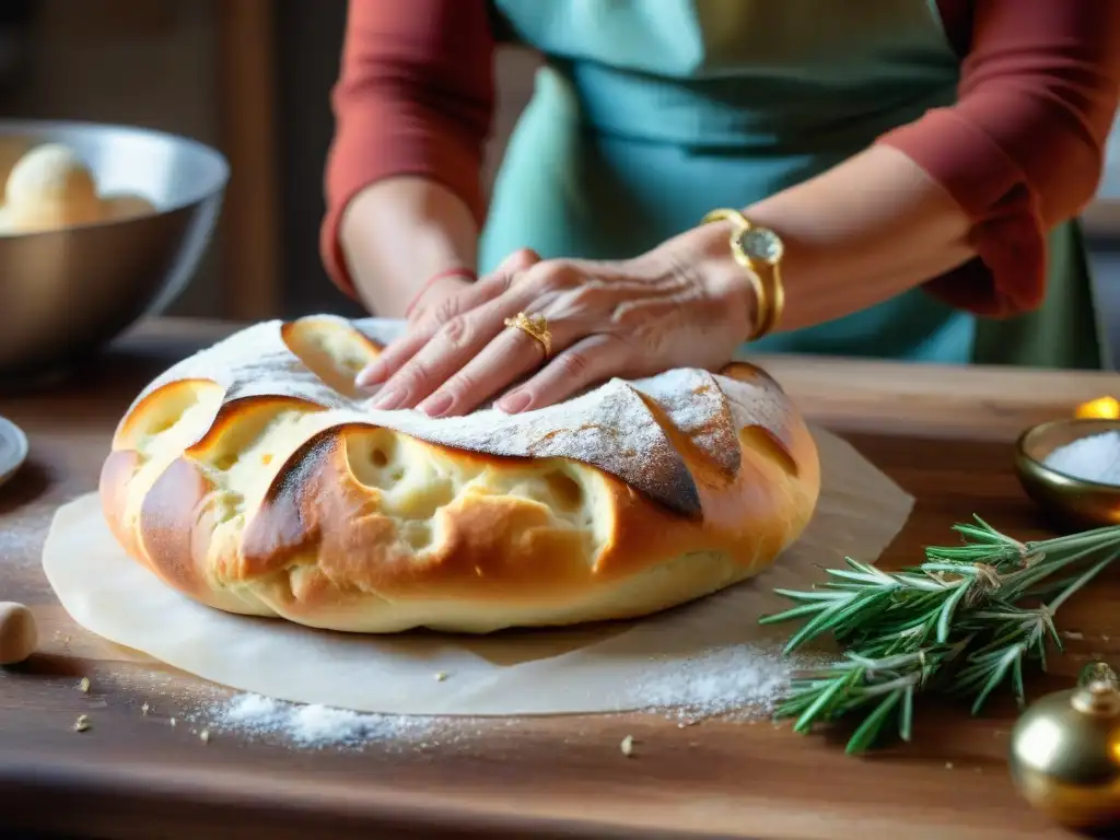 Una nonna italiana amasando masa para focaccia en una cocina rústica con pan tradicional italiano