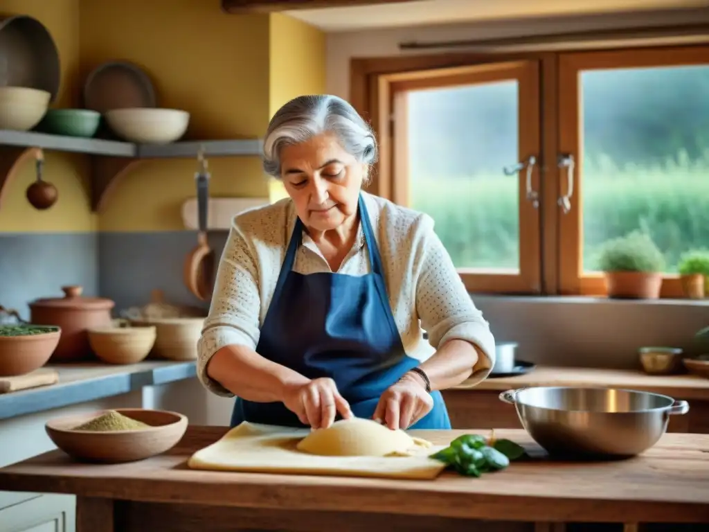 Nonna italiana amasando masa con amor en cocina tradicional Nonna italiana amasando masa para pasta casera en acogedora cocina
