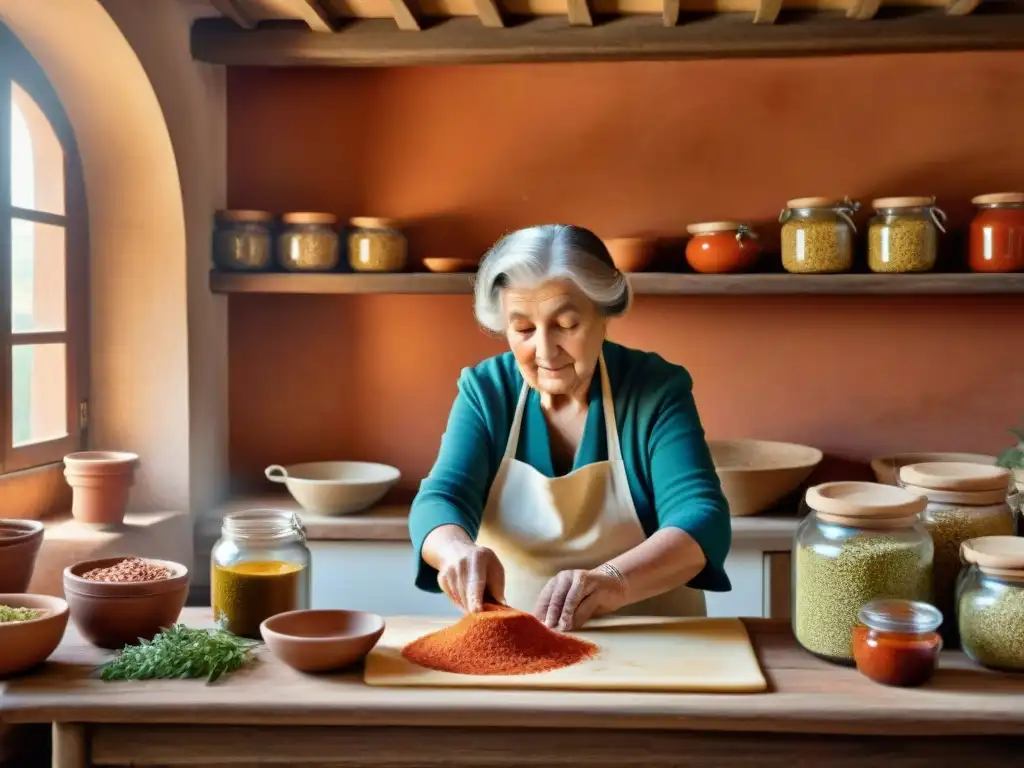 Una nonna italiana enrolla masa de pasta en cocina rústica de la Toscana, transmitiendo historia de recetas tradicionales