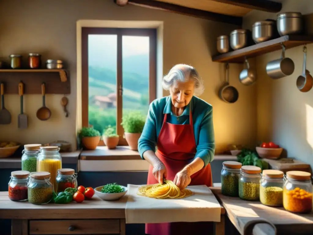 Nonna italiana amasando masa para pasta casera en cocina rústica