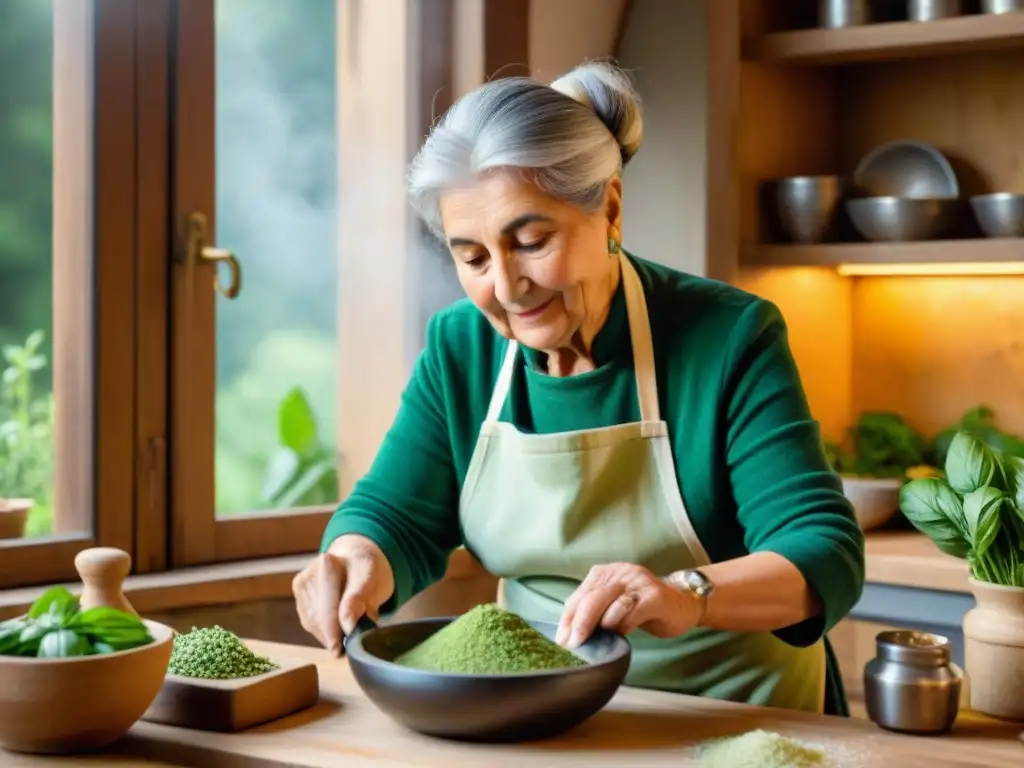 Una nonna italiana usa un mortero para hacer pesto en una cocina rústica