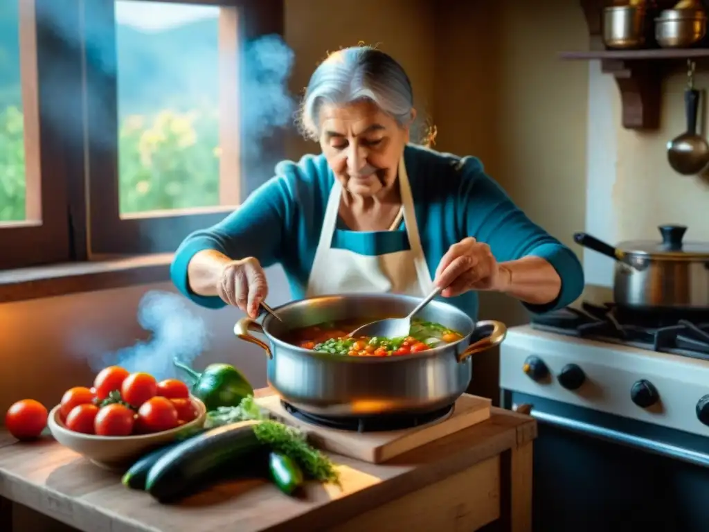 Una nonna italiana remueve una olla de minestrone en una cocina rústica con ingredientes frescos