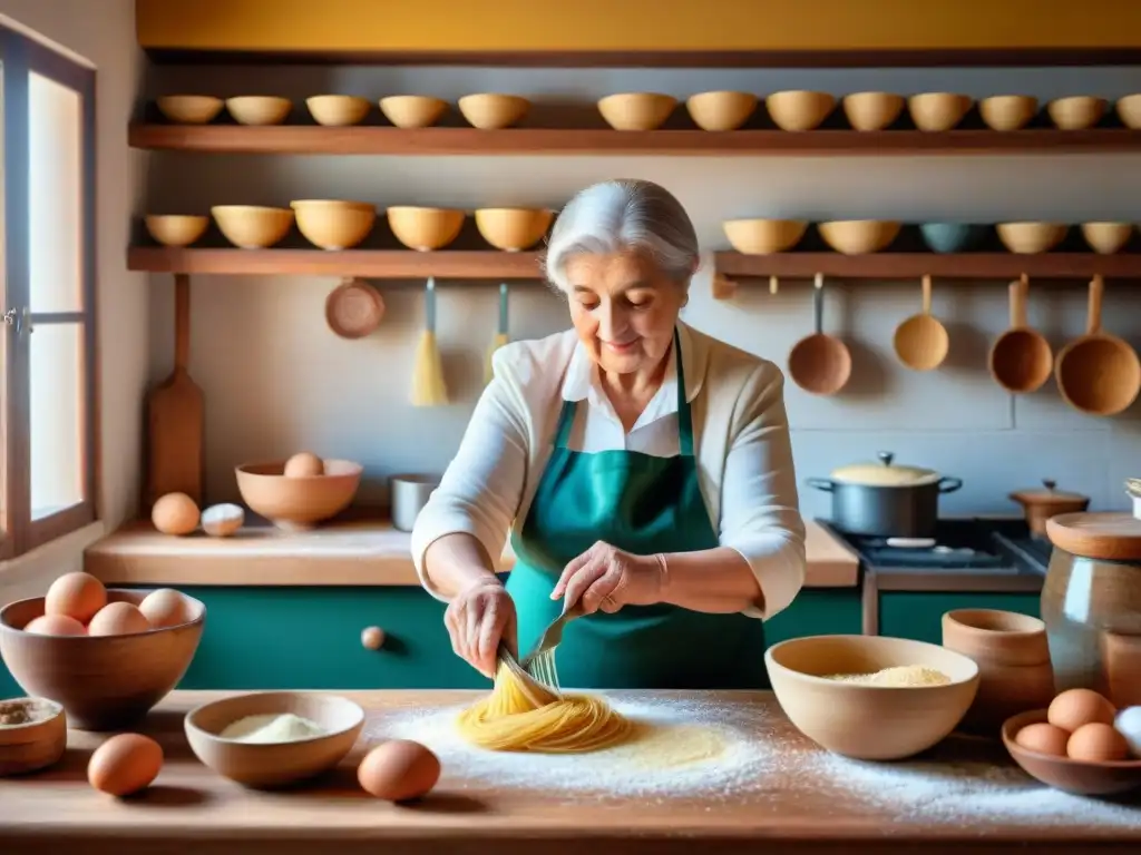 Una nonna italiana preparando pasta casera con pasión en una acogedora cocina