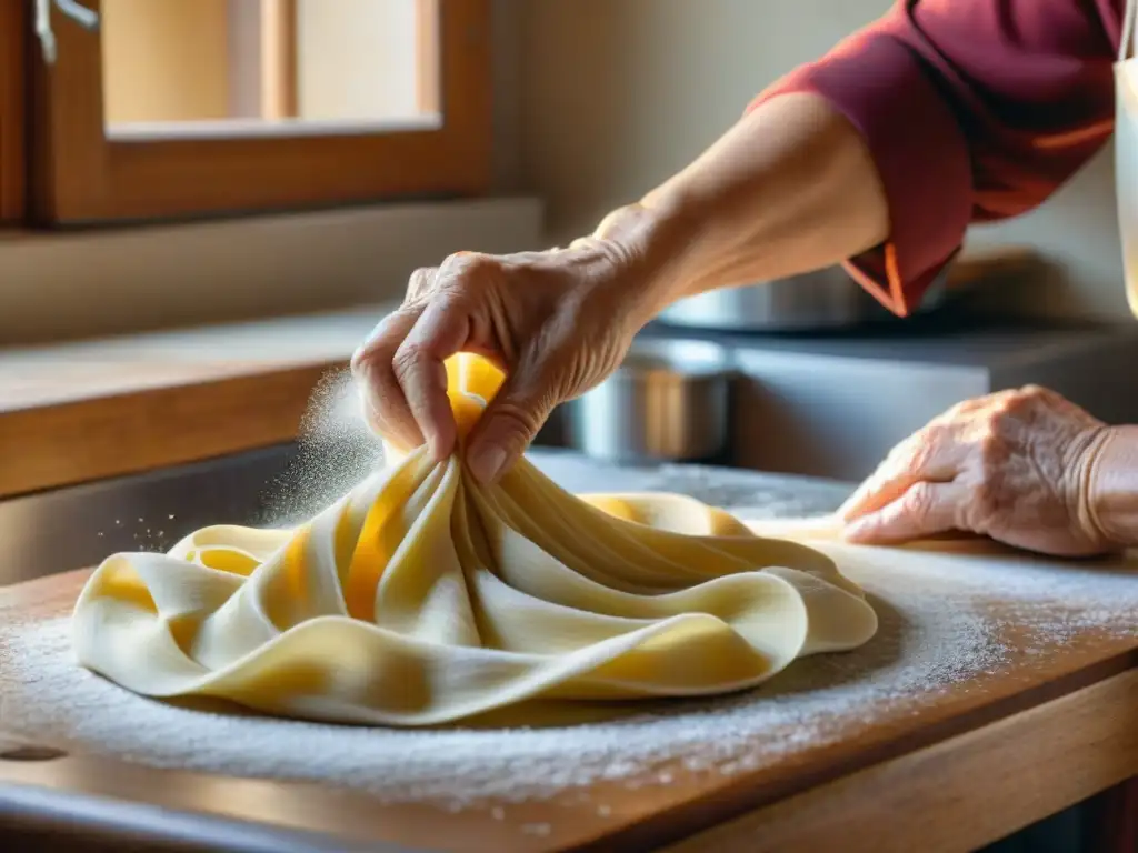 Una nonna italiana moldeando pasta casera, tradición culinaria italiana