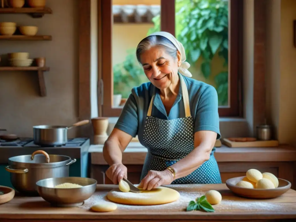 Una nonna italiana amasando pasta casera en una acogedora cocina tradicional, iluminada por cálida luz natural