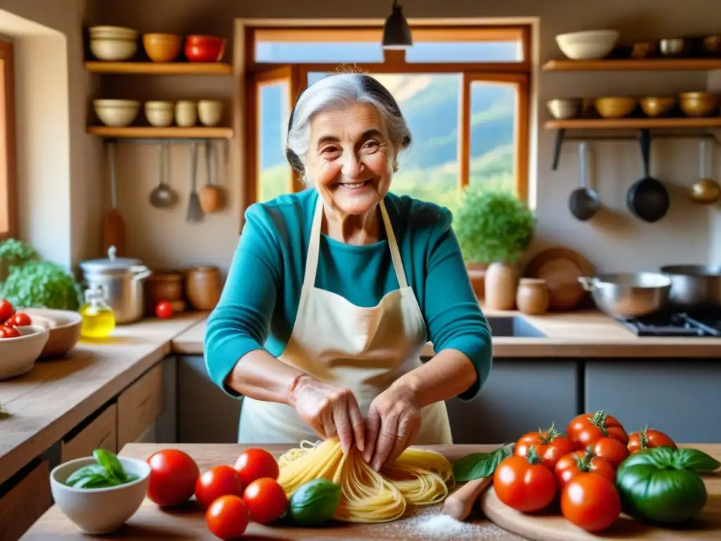 Una nonna italiana preparando pasta casera en una cocina tradicional, rodeada de ingredientes frescos