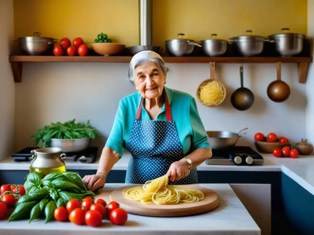 Nonna italiana preparando pasta casera en cocina tradicional del sur de Italia La nonna italiana prepara pasta casera rodeada de ingredientes dieta Mediterránea Italia