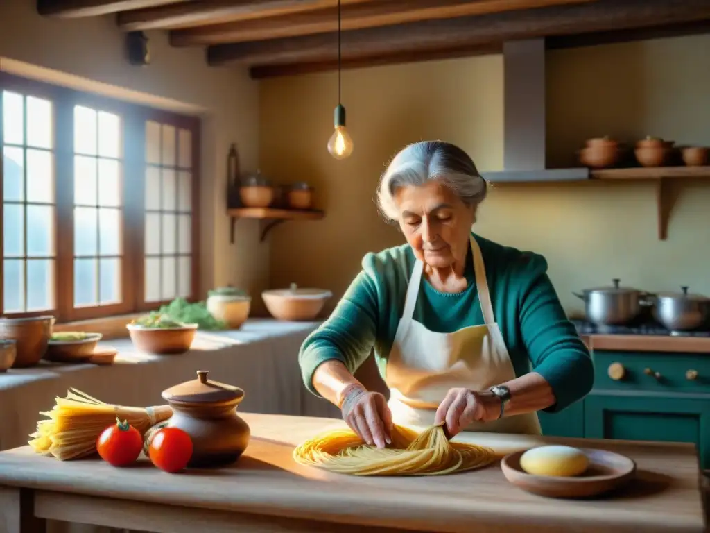 La nonna italiana expertamente prepara pasta en una cocina rústica, bañada por luz dorada