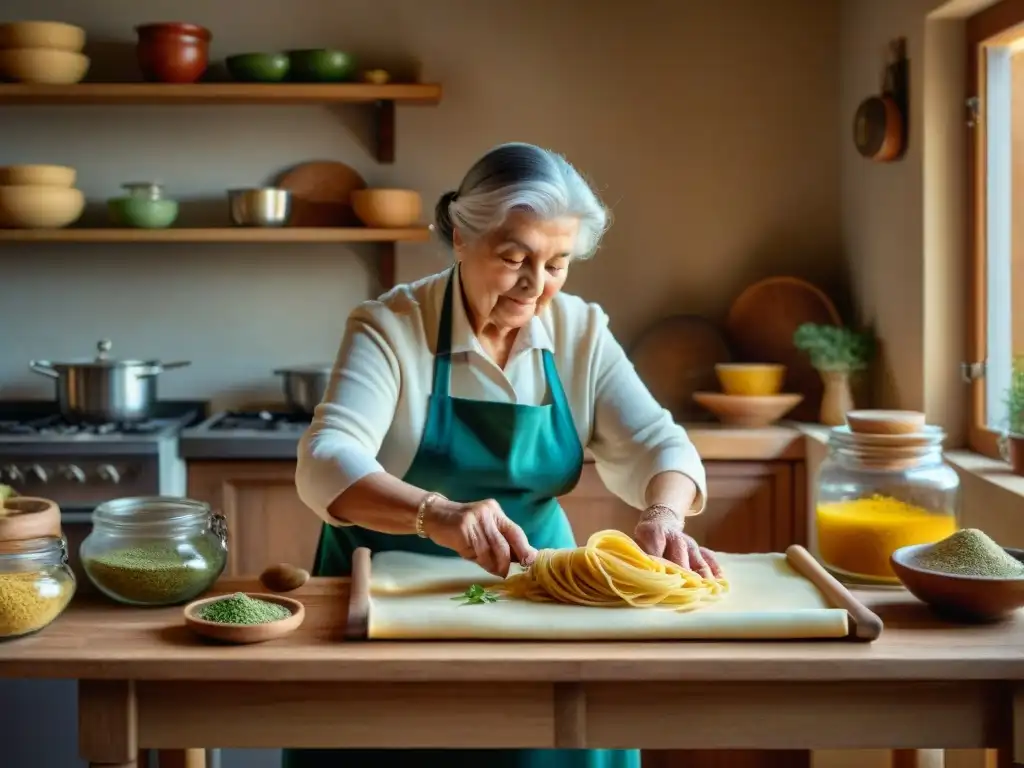 Nonna italiana preparando pasta en cocina rústica con luz natural y especias coloridas