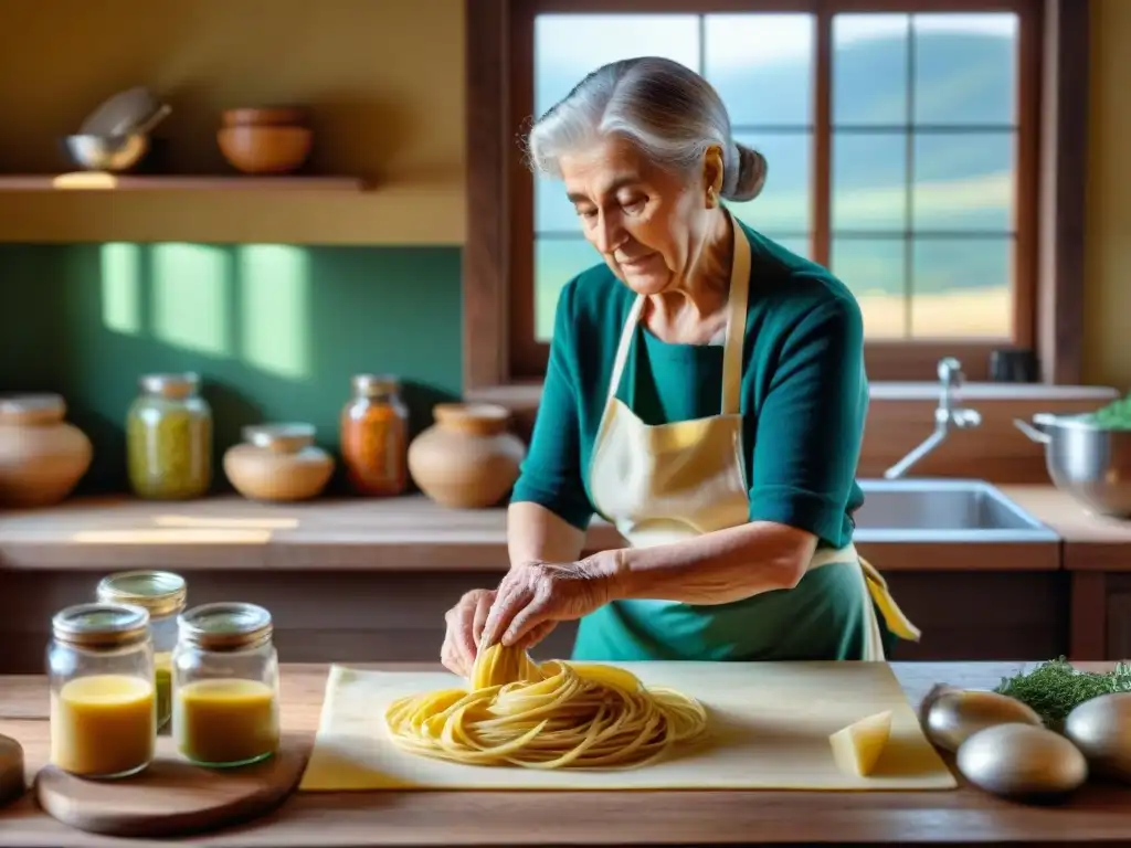 Nonna italiana amasando pasta en cocina rústica