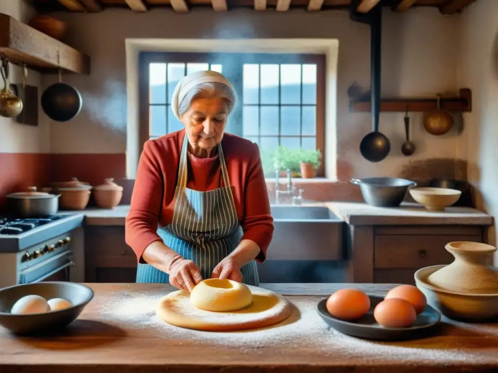 Nonna italiana amasando pasta en cocina rústica con ingredientes y utensilios vintage