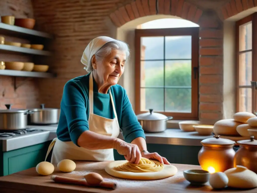 Una nonna italiana amasando pasta en cocina antigua con toque moderno