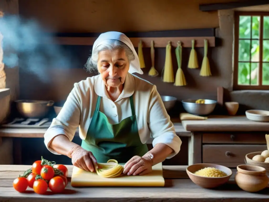 Nonna italiana preparando pasta en cocina campesina de centro Italia