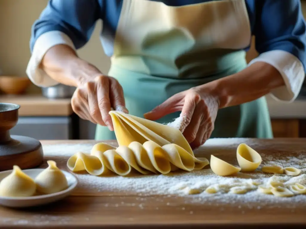 Nonna italiana moldeando delicadamente pasta fresca, expresando amor por la comida italiana tradicional recetas en cocina cálida y acogedora