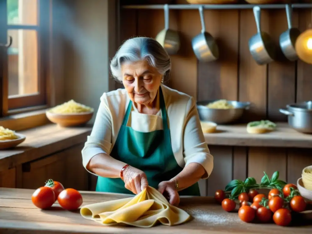 Una nonna italiana amasando pasta fresca en una cocina rústica con luz cálida