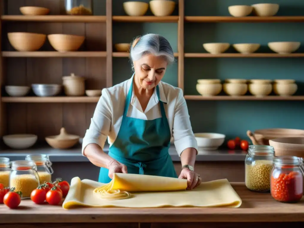 Una nonna italiana preparando pasta fresca en una cocina tradicional