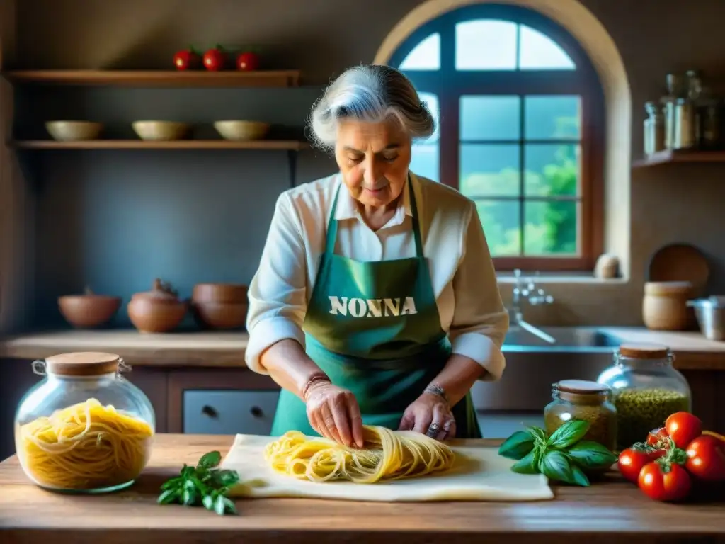 Una nonna italiana rodando pasta fresca en una cocina rústica, con las historias detrás de recetas antiguas italianas